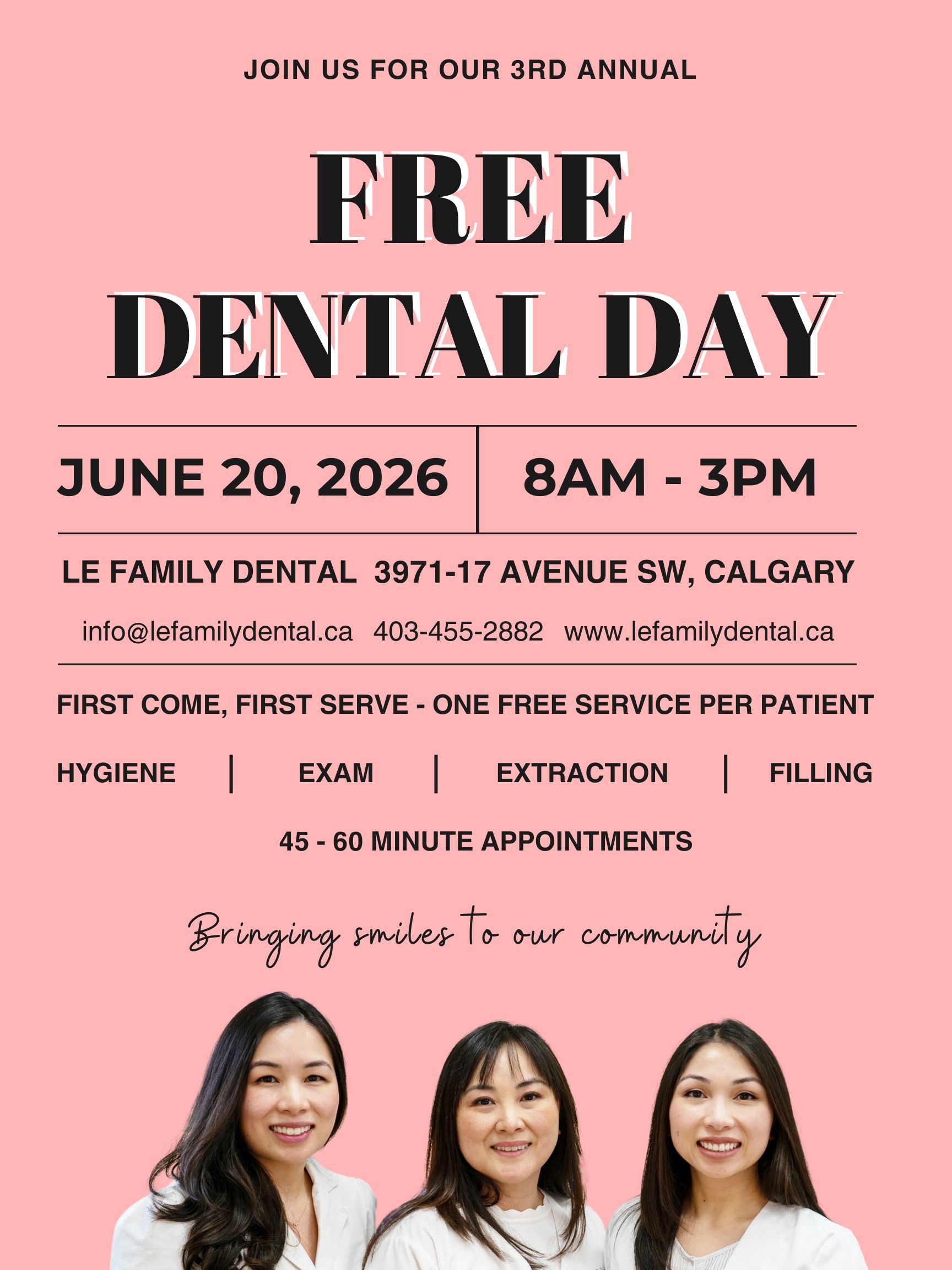 Pink flyer announcing Free Dental Day with staff